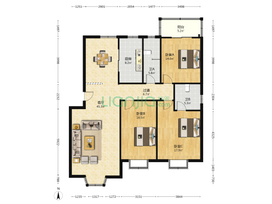 五三滑模小区 3室1厅2卫 144平方