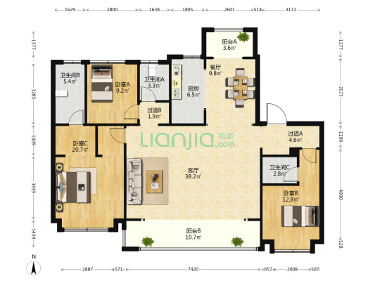 罗兰峯景 3室2厅3卫 172平方