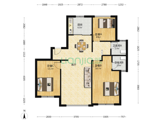 中铁诺德国礼 3室1厅2卫 117平方