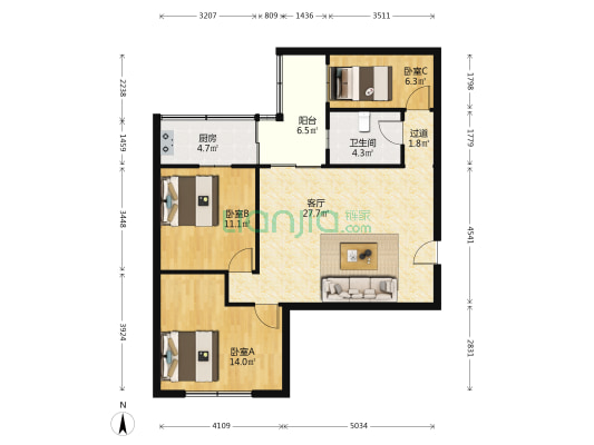 广梅汕宿舍 3室1厅1卫 92平方