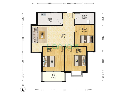 万隆美域 3室1厅1卫 105平方