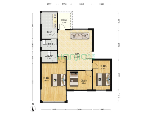 西门岗18号 3室1厅2卫 83平方