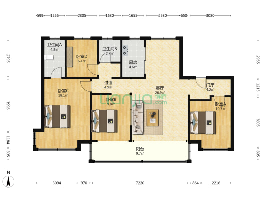 远洋潮起东方A5地块 4室1厅2卫 143平方