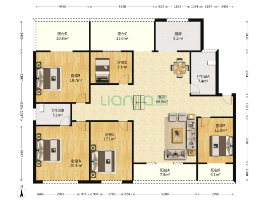 新宇家苑 5室1厅2卫 196平方