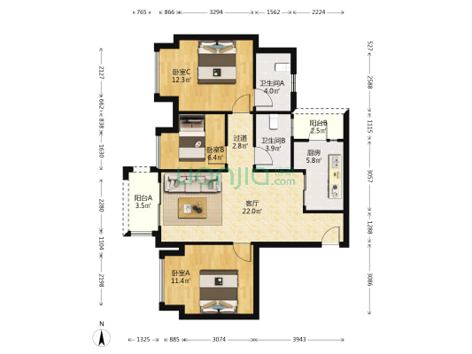 融创云湖十里E区 3室1厅2卫 92平方