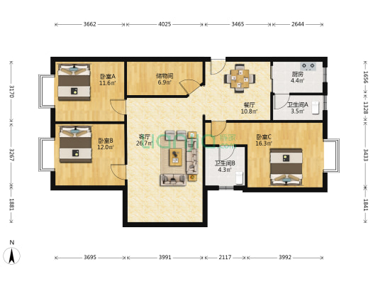 恒展大厦 3室2厅2卫 119平方