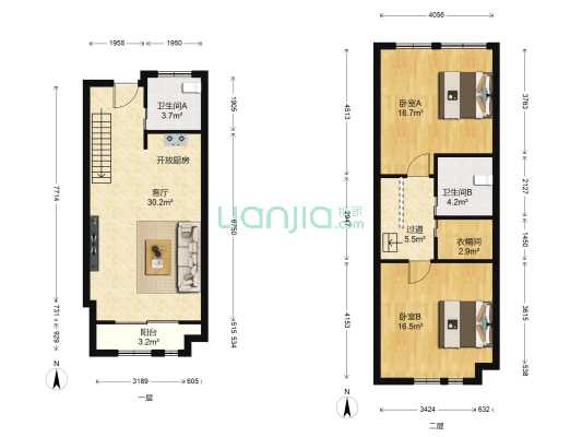 海悦富地中心 2室1厅2卫 56平方