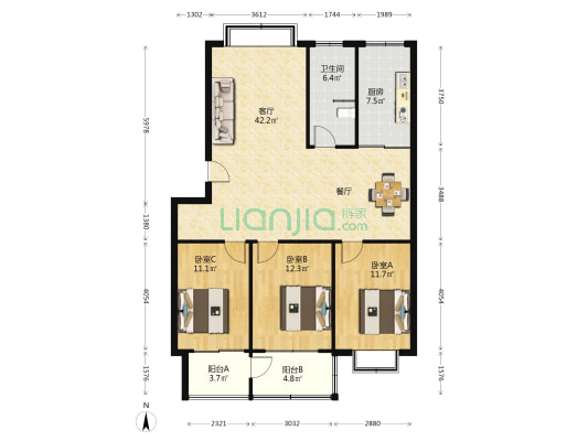 港华小区 3室1厅1卫 120平方