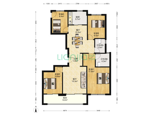 保利融信大国璟 4室2厅2卫 125平方