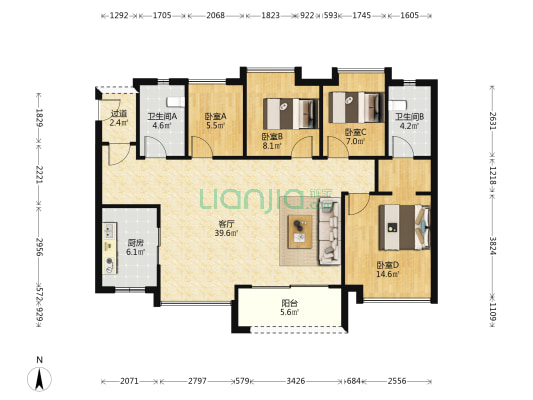 美的云筑 4室1厅2卫 116平方