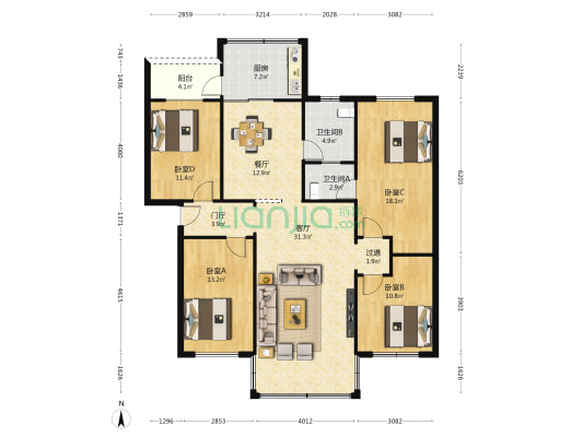 万州上海中学教师宿舍 4室2厅2卫 149平方