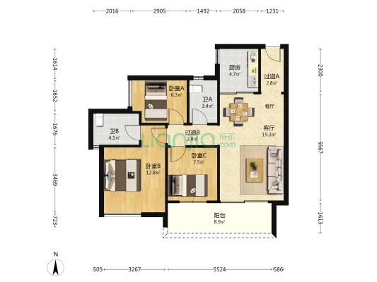 壹加壹兴和隽园 3室1厅2卫 90平方