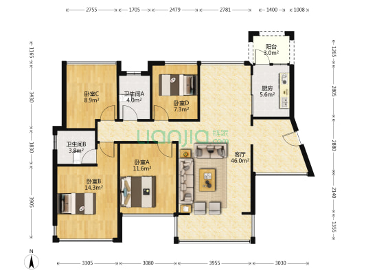 方直东岸 4室1厅2卫 122平方