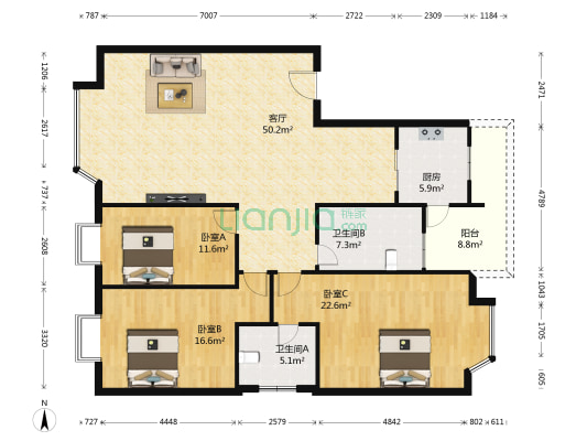 春天公寓 3室1厅2卫 148平方