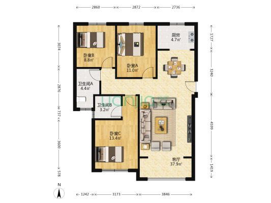 南水巴黎阳光 3室1厅2卫 112平方