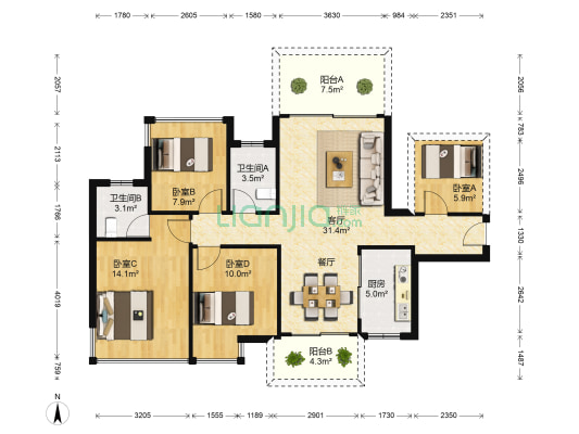 彰泰郡 4室1厅2卫 103平方