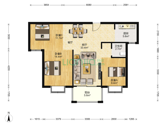 东进华都 3室1厅1卫 110平方