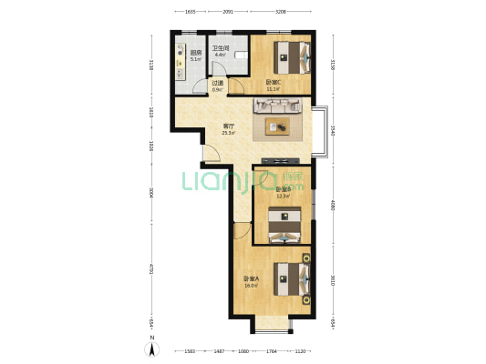 天翠阳光新城C区 3室1厅1卫 104平方