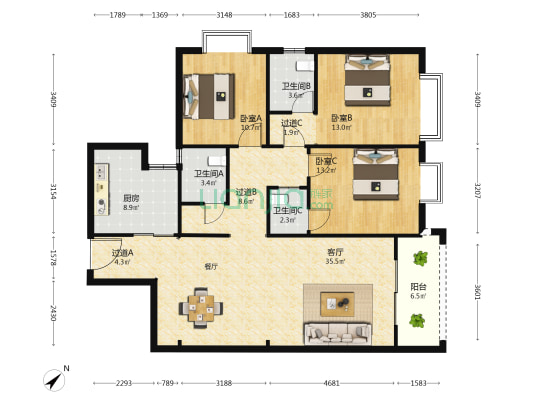 秀珍大厦 3室1厅3卫 143平方