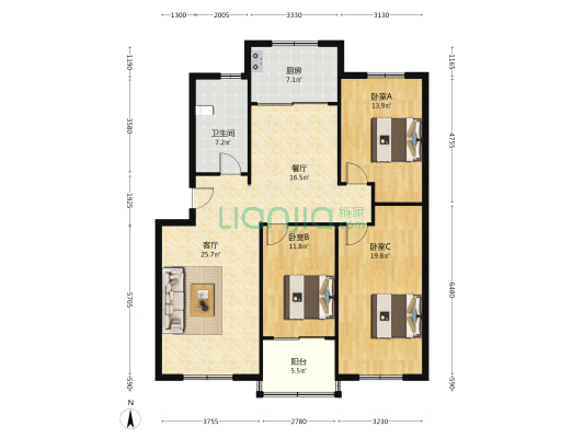 交通局宿舍 3室2厅1卫 133平方