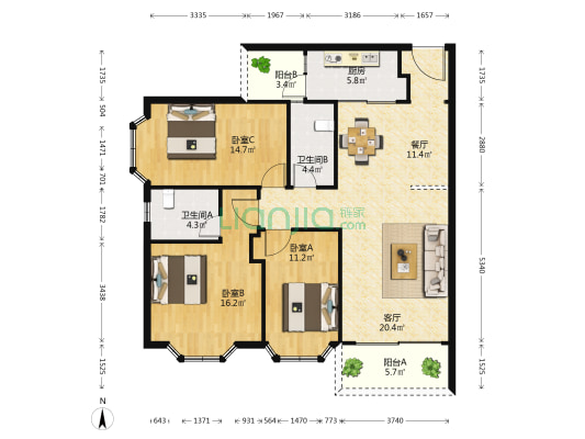 盛景园 3室2厅2卫 115平方