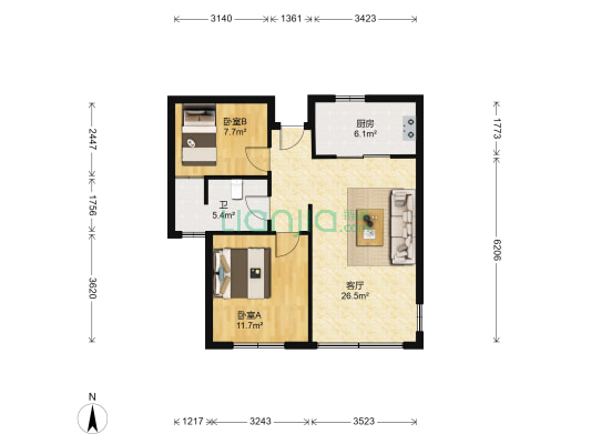 幸福家园 2室1厅1卫 75平方