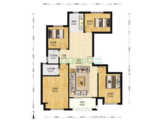 浩创梧桐郡B区 4室1厅2卫 126平方