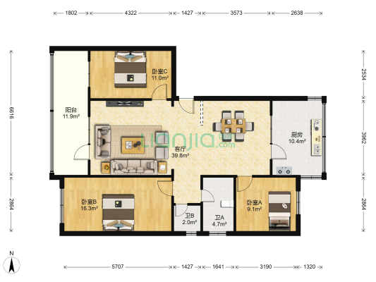 农行家属院（雁滩） 3室1厅2卫 77平方