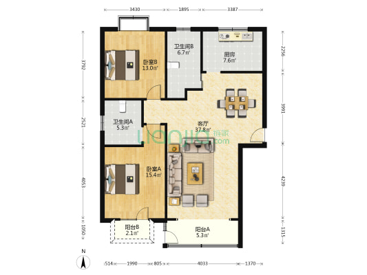 星华公寓 2室1厅2卫 113平方