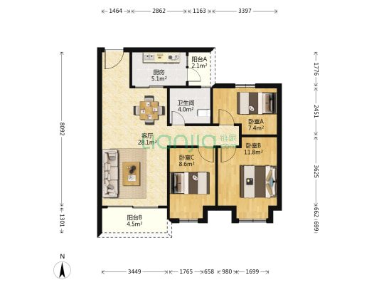 碧桂园凤凰城 3室1厅1卫 96平方