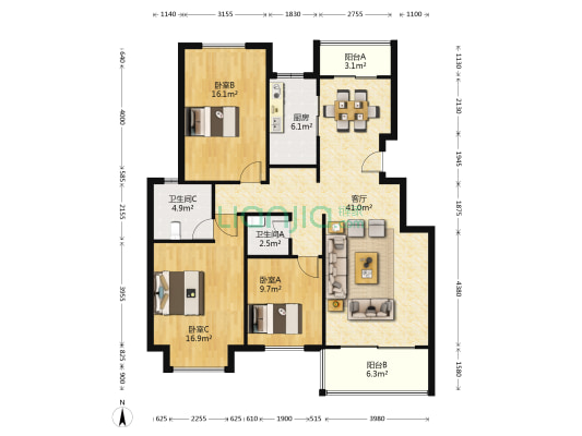 紫金玉澜 3室1厅2卫 121平方