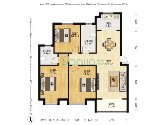新翔家园 3室1厅2卫 130平方