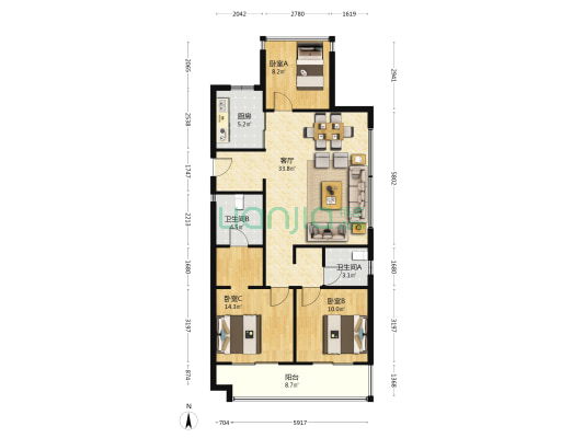 阳光城西郊半岛山语庭 3室1厅2卫 110平方