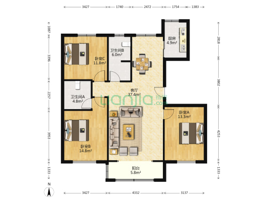 泰达印象 3室1厅2卫 135平方
