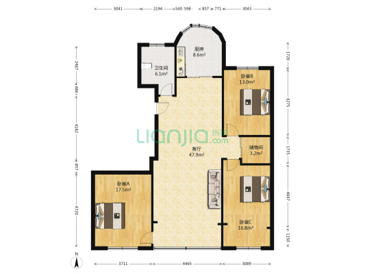 湖景中央花园 3室1厅1卫 158平方