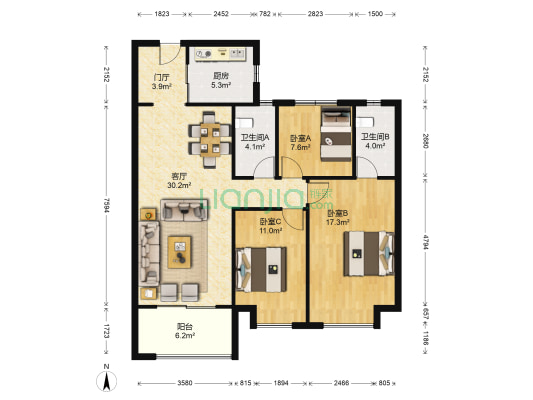 万科城市之光瀚然 3室1厅2卫 109平方