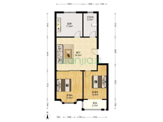 隐珠文香苑 2室1厅1卫 89平方