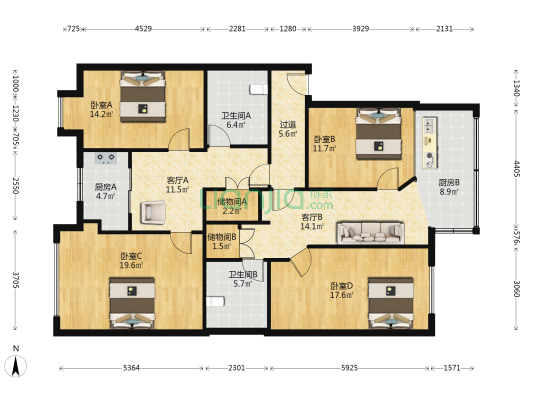 陈虬路292/330号,安阳路719/711号 4室2厅2卫 146平方