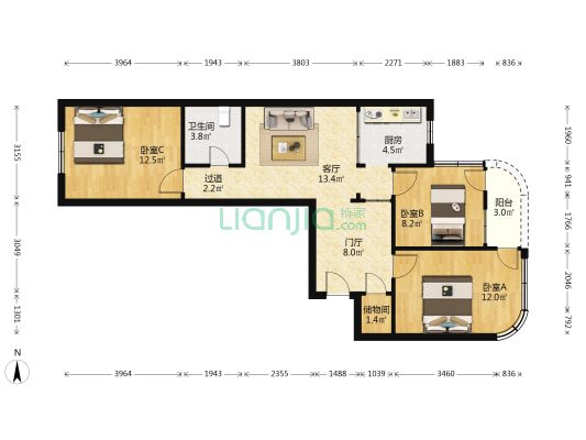 南希花苑 3室1厅1卫 76平方