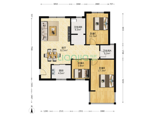 长虹名筑 3室1厅2卫 122平方