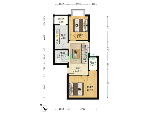 东辰濠景 2室1厅1卫 60平方