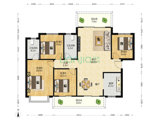 龙光阳光河畔 4室1厅2卫 144平方