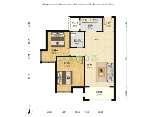 七里源 2室1厅1卫 90平方