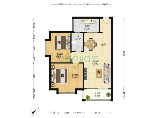 涛景花园 2室1厅1卫 75平方