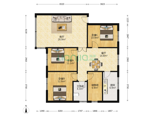 兴湖路22号 3室2厅1卫 105平方