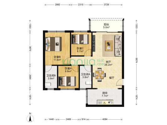 嘉怡花园一期 3室1厅2卫 89平方