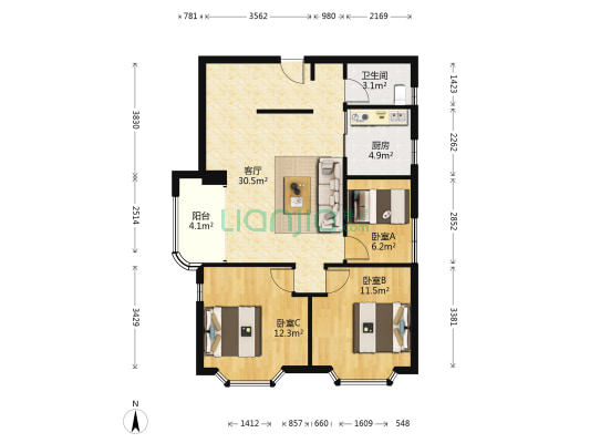 五山花园 3室1厅1卫 91平方