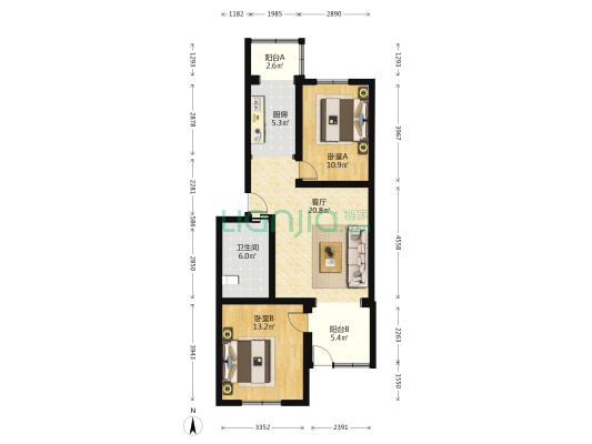 玉桥中路10号院 2室1厅1卫 85平方