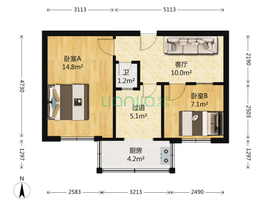 公交大修厂宿舍 2室1厅1卫 52平方