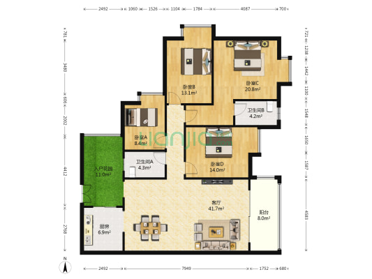 花果园T1区 4室1厅2卫 159平方